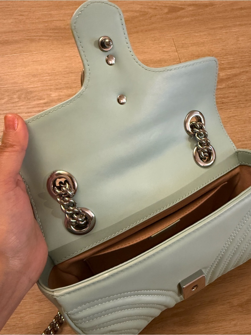 GG Marmont Mini 446744 Mint Green Leather Silver Hardware Shoulder Bag - Picture 8 of 11